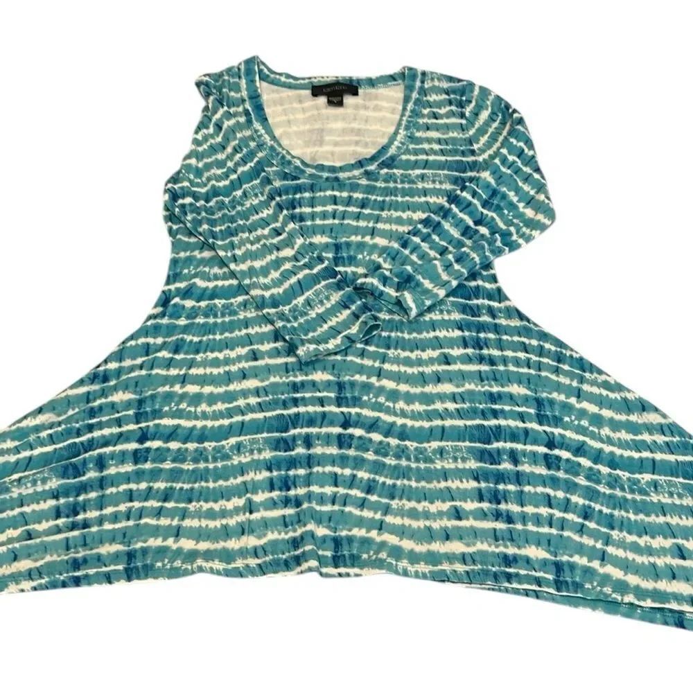 Karen Kane size small Blue and White tie dye Asymmetrical 3/4 Sleeve Tunic EUC
